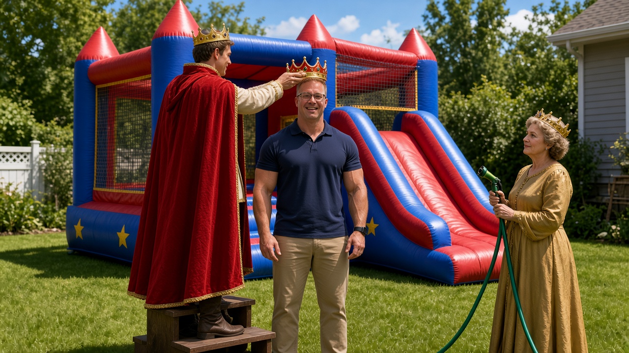 Jamie Schluckebier being crowned king of bounce houses in front of a bounce house